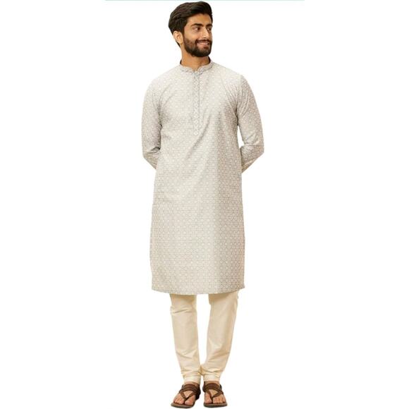 Manyavar Men Blended Cotton Embroidered Kurta Pyjama Set SZ L Gray Top - Picture 1 of 12